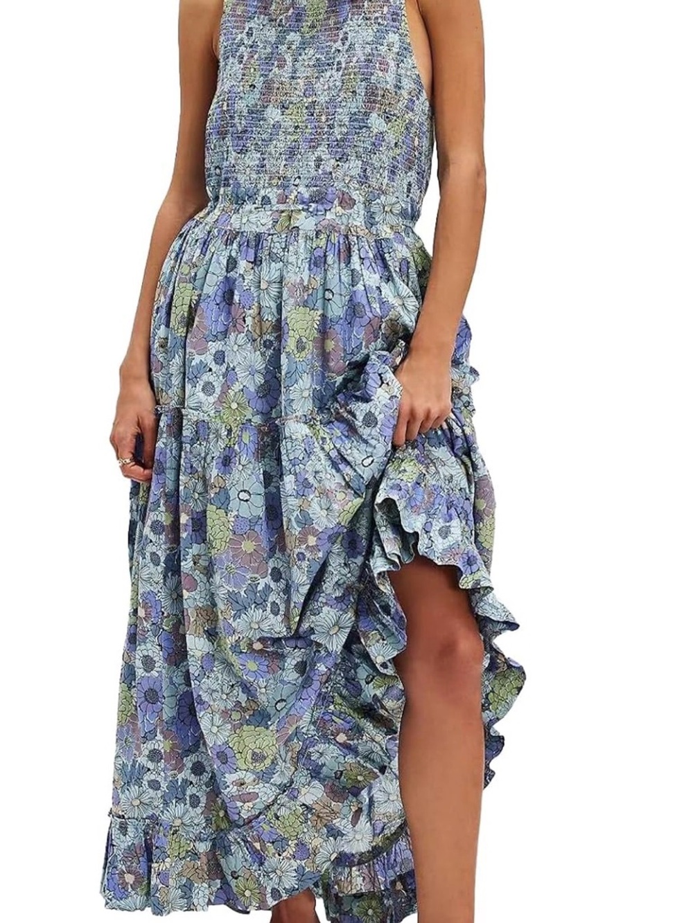 Floral Smocked Halter Ruffled Maxi Dress - Blue Floral